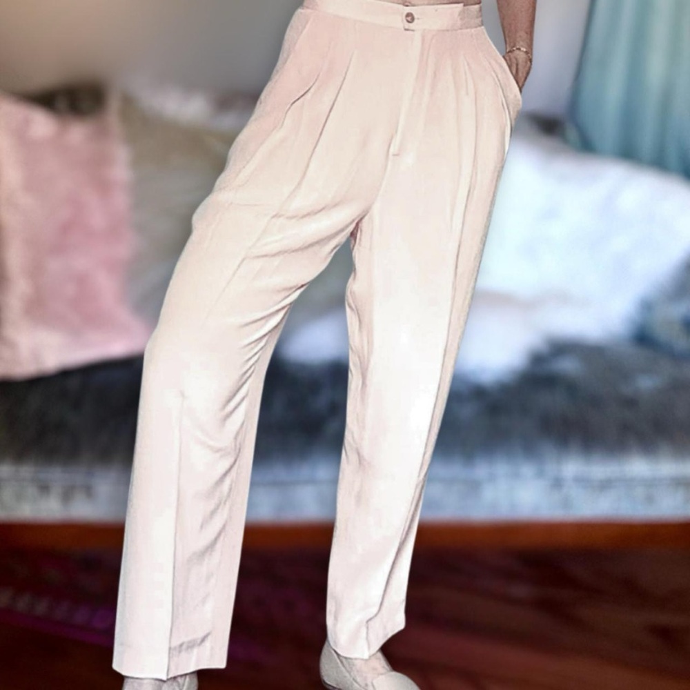 Vintage Pink Silk High Waisted Pleated Pants Tapered Leg 4